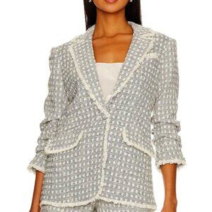 Cinq à Sept 'Khloe' Fringe-Trim Box-Tweed Blazer, Navy Blue/White